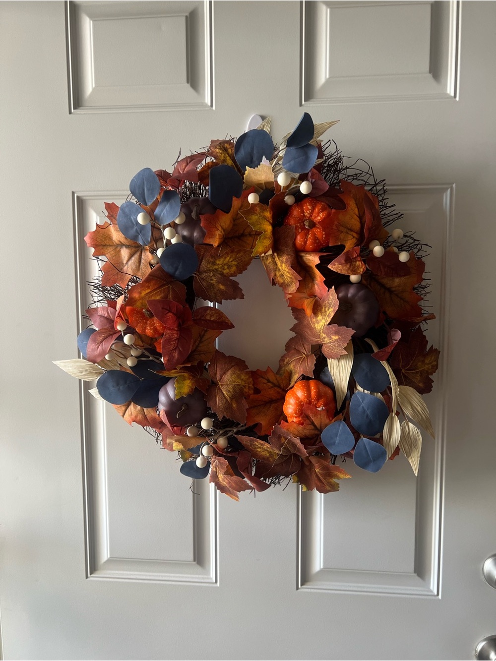 Autumn Pumpkin & Navy Leaf Fall Wreath - Home Holiday Decor